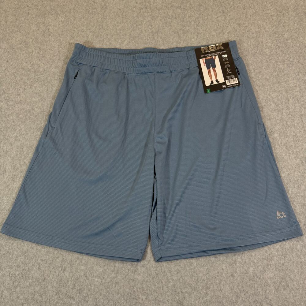 RBX Men's Athletic Shorts Large L Slate Blue Interlock Stripe Zip Pockets 8" NWT